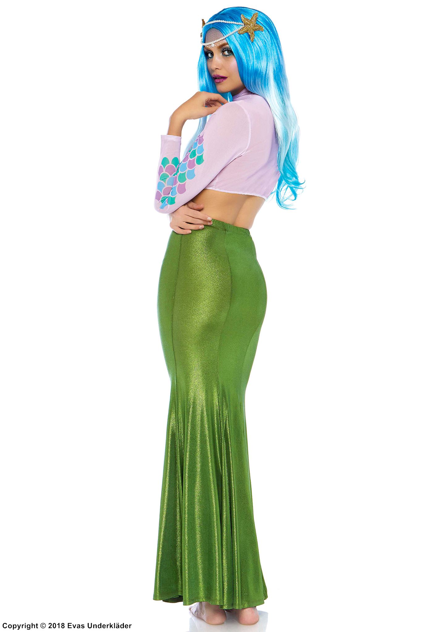 Sjöjungfru, lång kjol med fisksvans i glänsande spandex